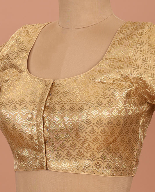 Gold intricate design front-back round neck elbow-sleeve readymade blouse