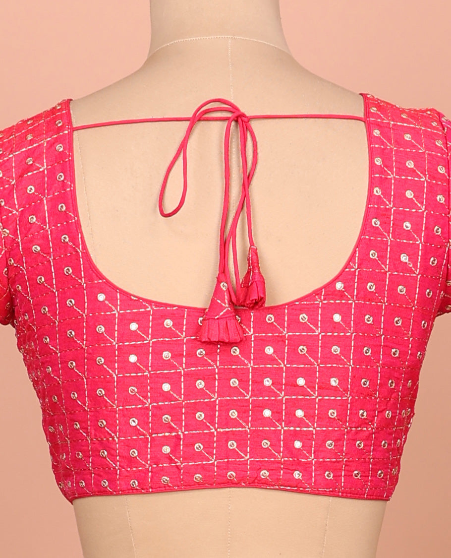 Pink checks thread embroidered front and back round-neck elbow sleeve readymade blouse