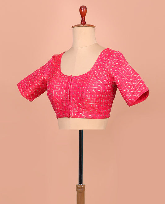Pink checks thread embroidered front and back round-neck elbow sleeve readymade blouse