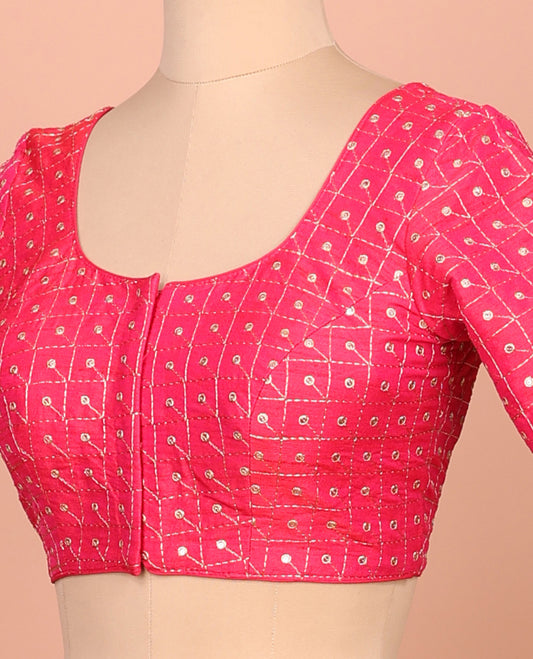 Pink checks thread embroidered front and back round-neck elbow sleeve readymade blouse
