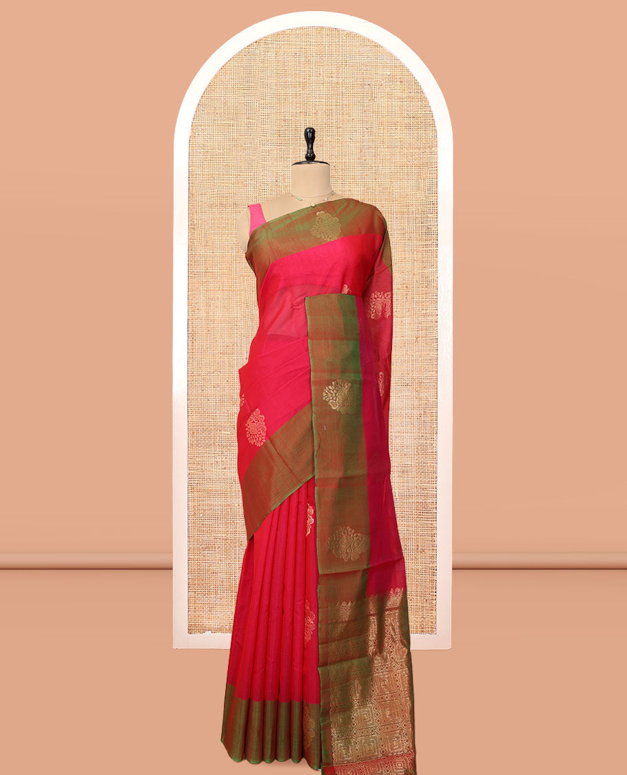 Red Silk Cotton Saree, Gleamed Up with Zari Buttas, a Contrast Zari Border, Intricate Pallu, and a Contrast Blouse