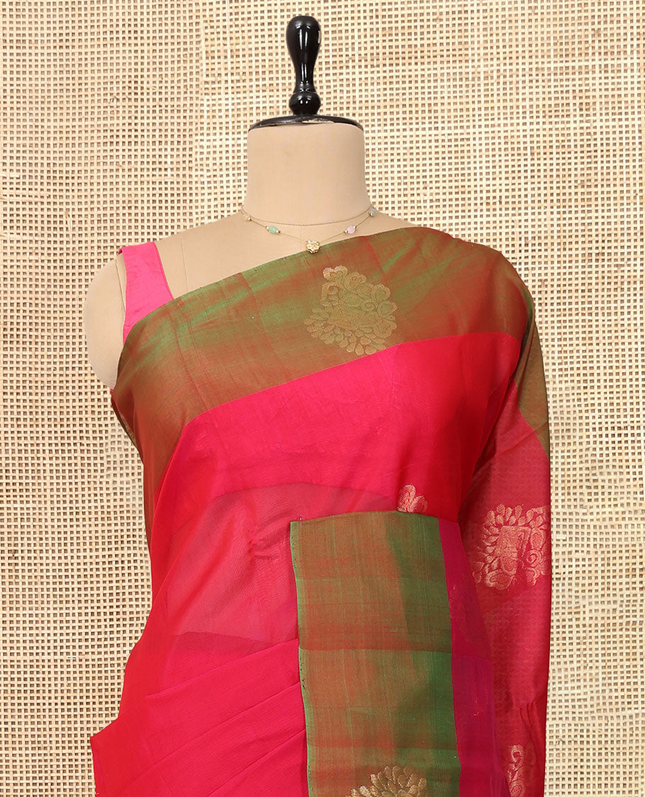 Red Silk Cotton Saree, Gleamed Up with Zari Buttas, a Contrast Zari Border, Intricate Pallu, and a Contrast Blouse