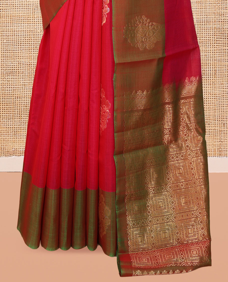 Red Silk Cotton Saree, Gleamed Up with Zari Buttas, a Contrast Zari Border, Intricate Pallu, and a Contrast Blouse