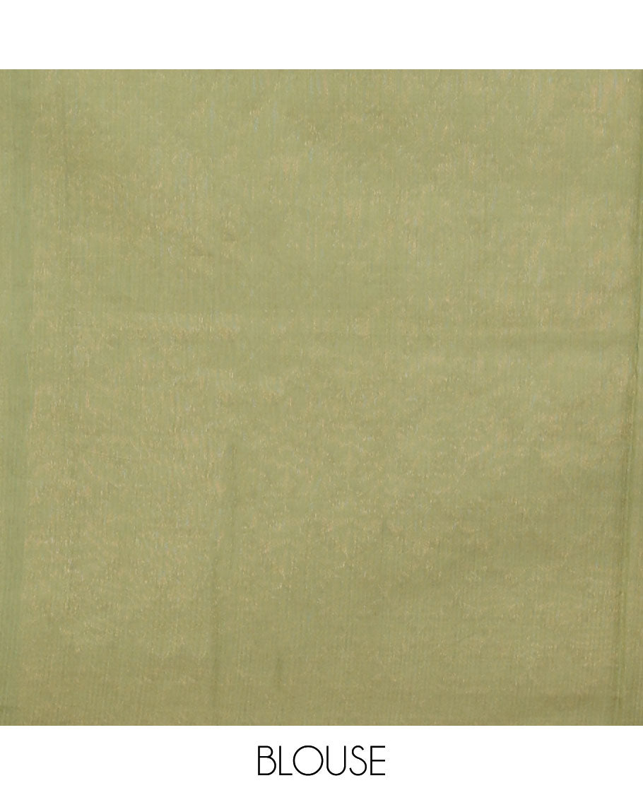 Borderless green buttas silk cotton saree, self-pallu of jaal designs