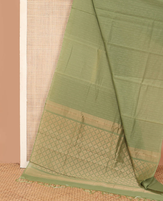 Borderless green buttas silk cotton saree, self-pallu of jaal designs