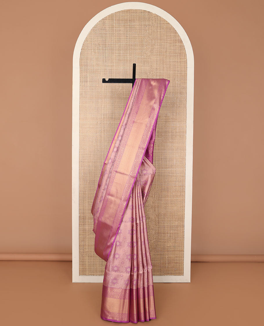 Baby pink floral design soft silk saree with contrast floral design border & floral design pallu