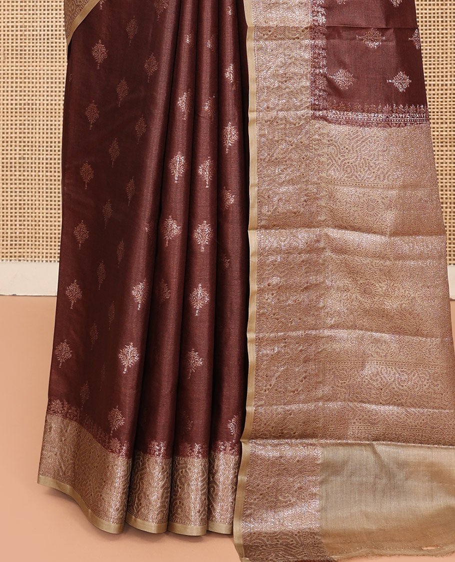 Brown Tussar Silk Saree, Elevated with Zari Buttas, a Contrast Zari Border, Grand Pallu, and a Contrast Blouse