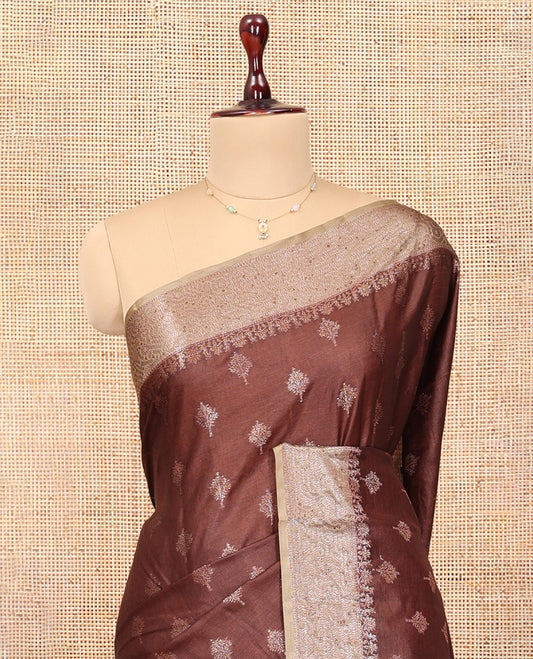 Brown Tussar Silk Saree, Elevated with Zari Buttas, a Contrast Zari Border, Grand Pallu, and a Contrast Blouse