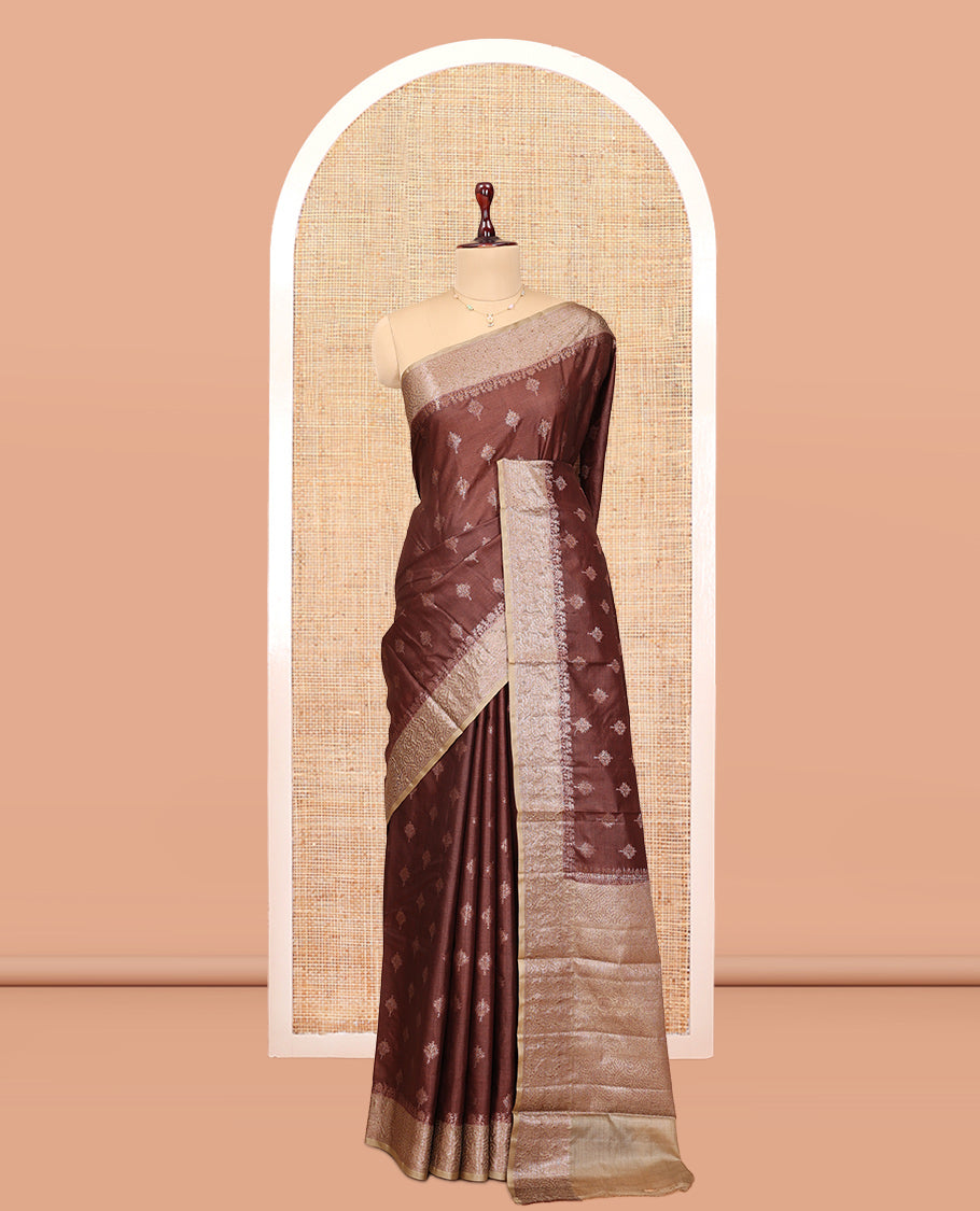 Brown Tussar Silk Saree, Elevated with Zari Buttas, a Contrast Zari Border, Grand Pallu, and a Contrast Blouse