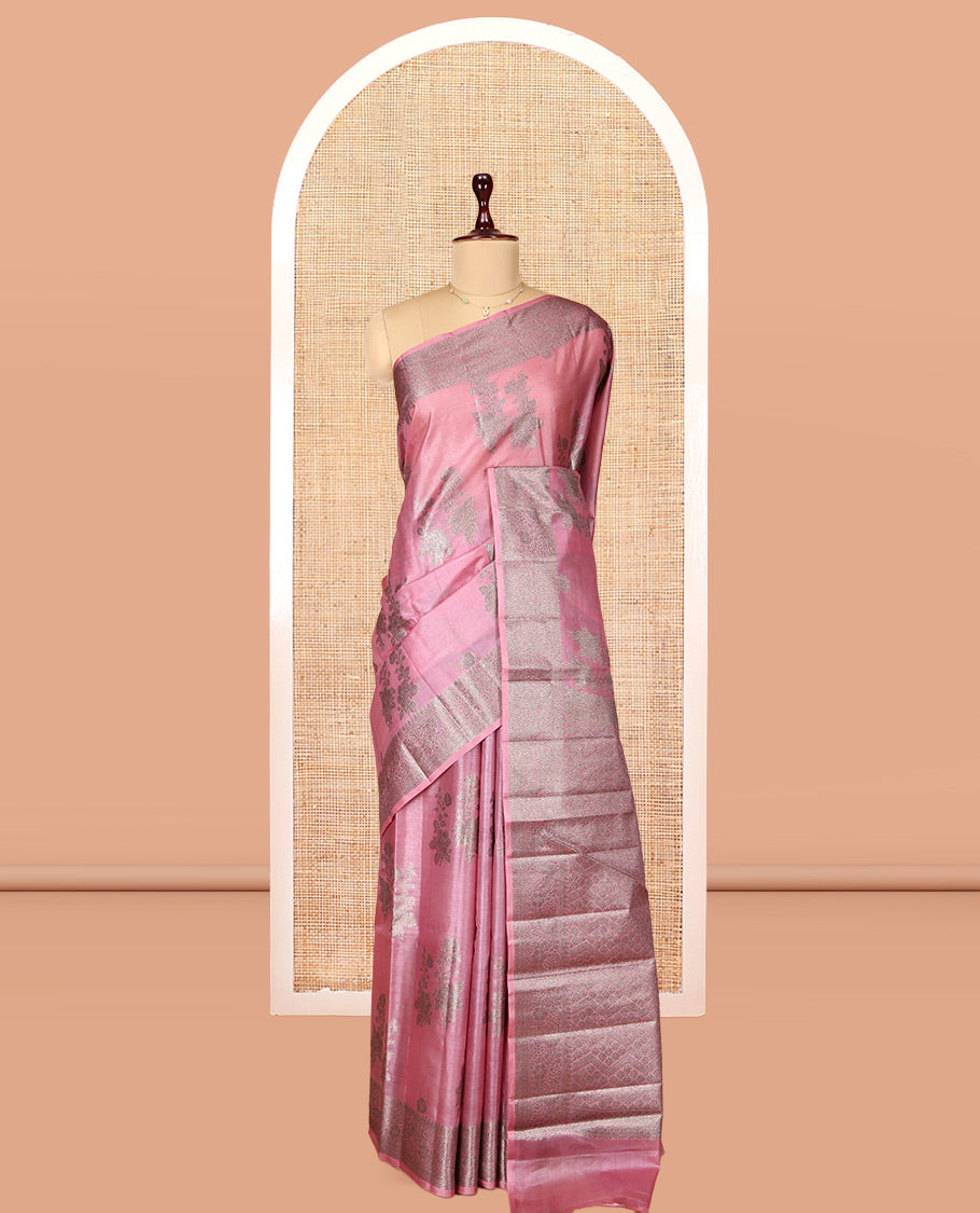 Pink Tusser Silk Saree, Bedecked with Floral Design, a Zari Border, Intricate Pallu, and a Matching Blouse