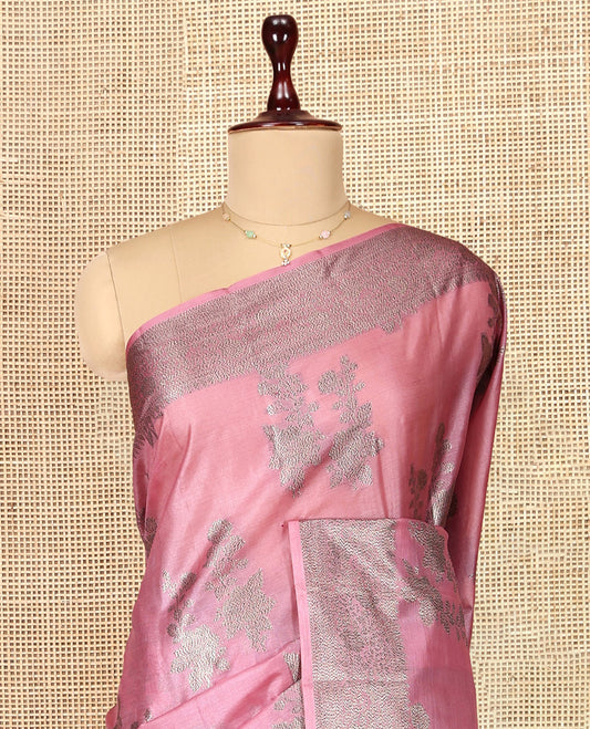 Pink Tusser Silk Saree, Bedecked with Floral Design, a Zari Border, Intricate Pallu, and a Matching Blouse