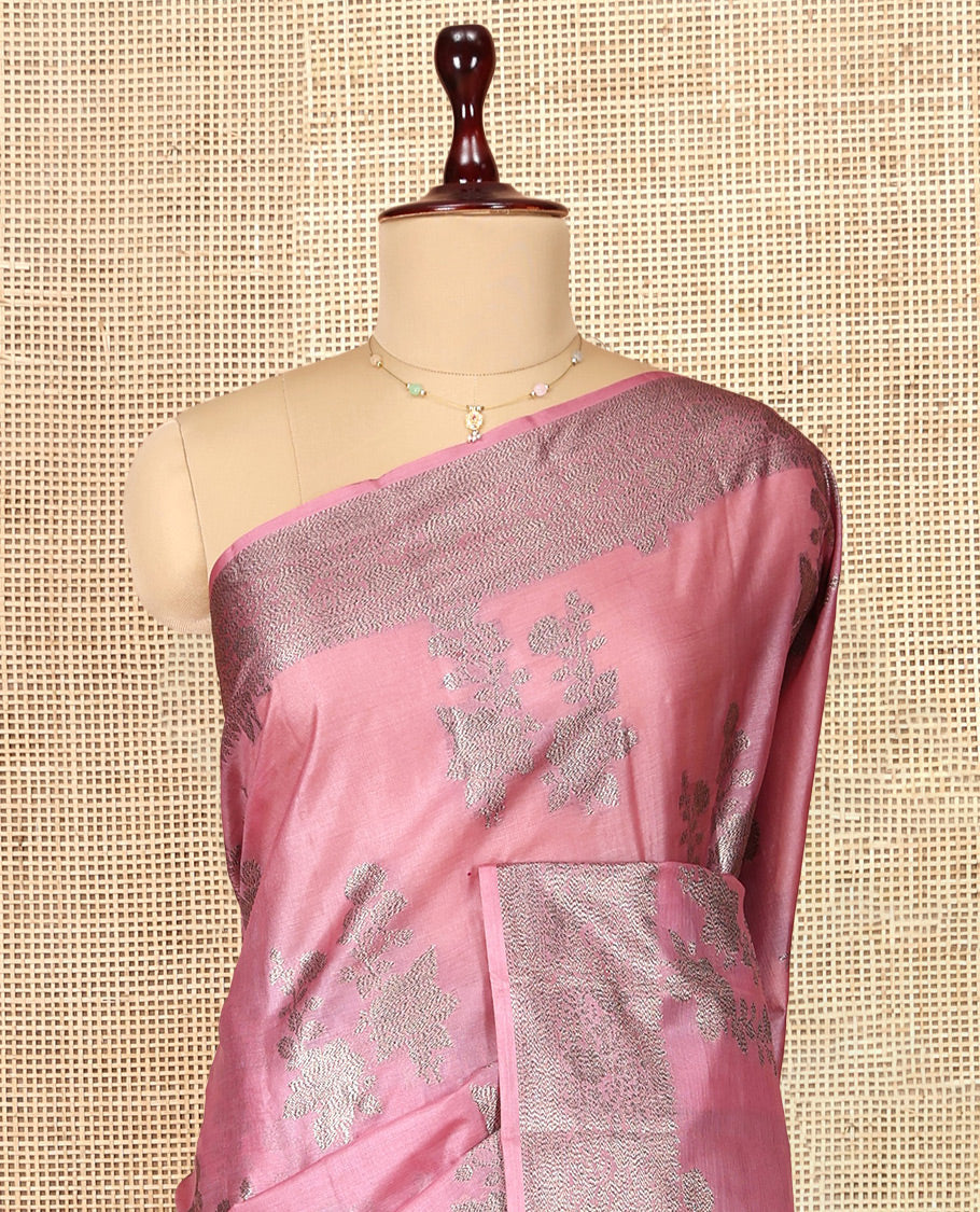 Pink Tusser Silk Saree, Bedecked with Floral Design, a Zari Border, Intricate Pallu, and a Matching Blouse