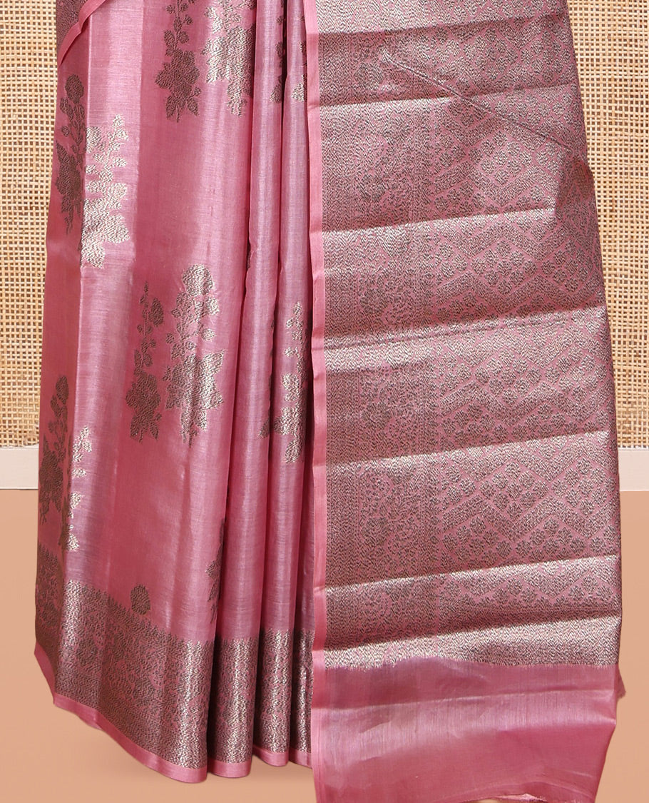 Pink Tusser Silk Saree, Bedecked with Floral Design, a Zari Border, Intricate Pallu, and a Matching Blouse