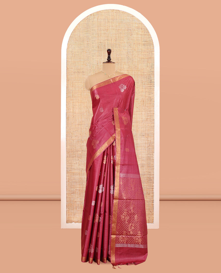 Red Tussar Saree, Showcasing Floral Buttas, a Subtle Zari Border, Pallu of Polka Dot and Floral Designs, and a Matching Blouse