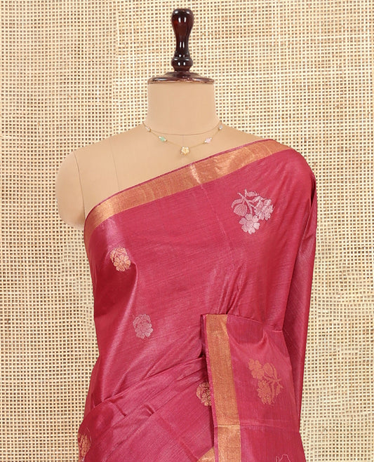 Red Tussar Saree, Showcasing Floral Buttas, a Subtle Zari Border, Pallu of Polka Dot and Floral Designs, and a Matching Blouse