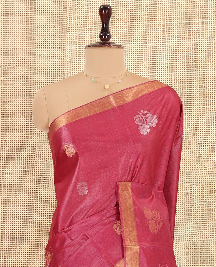 Red Tussar Saree, Showcasing Floral Buttas, a Subtle Zari Border, Pallu of Polka Dot and Floral Designs, and a Matching Blouse