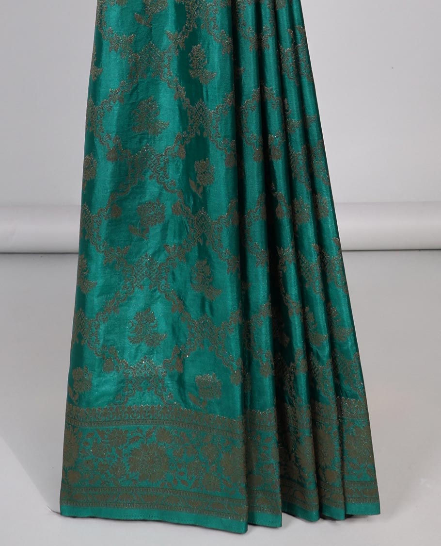 Green argyle enclosed with motifs semi- banaras tussar saree, self zari design border & zari jaal design pallu