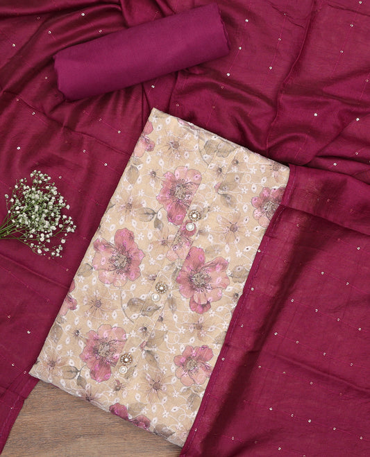 Sandal chudidhar material set floral thread embroidery top, contrast plain bottom & sequins embroidery dupatta