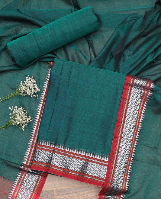 Green chevron, temple design chudidhar material top with plain bottom & plain, zari design border dupatta