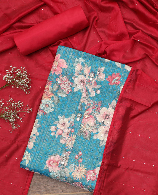 Blue material chudidar set, floral vine printed with thread embroidered top, contrast plain bottom, and sequins striped dupatta