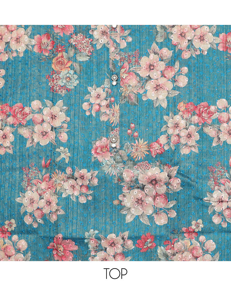 Blue material chudidar set, floral vine printed with thread embroidered top, contrast plain bottom, and sequins striped dupatta