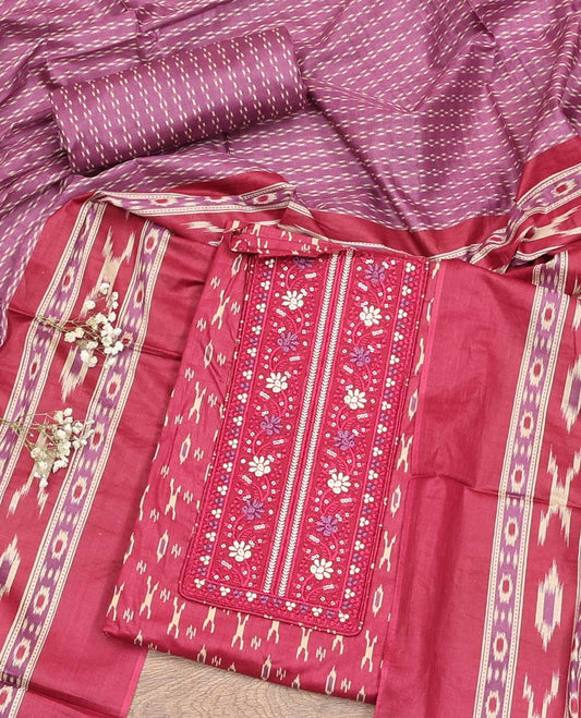 Pink Material Chudidar Set, Adorned with Ikkat-Style Buttas Printed and Neck Embroidery Cotton Top, Complemented by Contrast Printed Cotton Bottom, and Paired with Ikkat-Style Printed Cotton Dupatta
