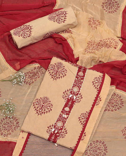 Sandal Material Churidar Set, Detailed with Unique Motif Print and Neck Work Cotton Top, Printed Bottom, and Sandal-Red Printed Chiffon Dupatta