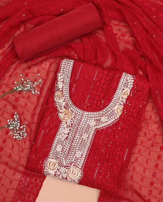 Red chudidhar material set , floral  embroidery, sequins top, plain bottom & floral sequins with scallop border dupatta
