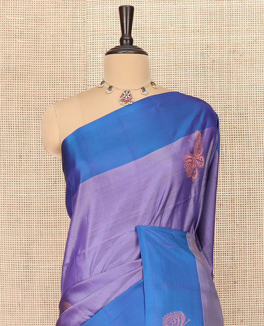 Lavender Semi Uppada Saree Mesmerized with Butterfly Zari Buttas, Complemented by a Contrast Butterfly Motifs Woven Border, Elegantly Framed Pallu of Jaal Designs, and Paired with a Contrast Blouse