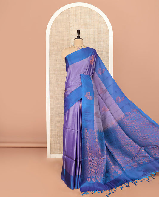 Lavender Semi Uppada Saree Mesmerized with Butterfly Zari Buttas, Complemented by a Contrast Butterfly Motifs Woven Border, Elegantly Framed Pallu of Jaal Designs, and Paired with a Contrast Blouse