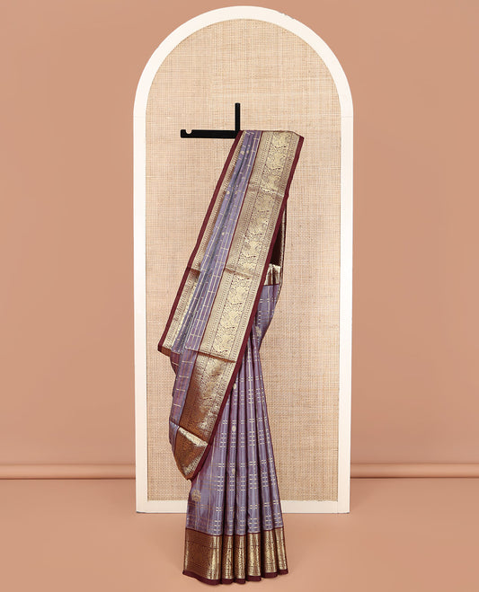 Grey Venkatagiri Silk Saree, Enriched with Zari Buttas Enclosed Checked Design on Its Body, Complemented by a Contrast Traditional Zari Border of Yaali Designs, Pallu of Jaal Designs, and Paired with a Contrast Blouse