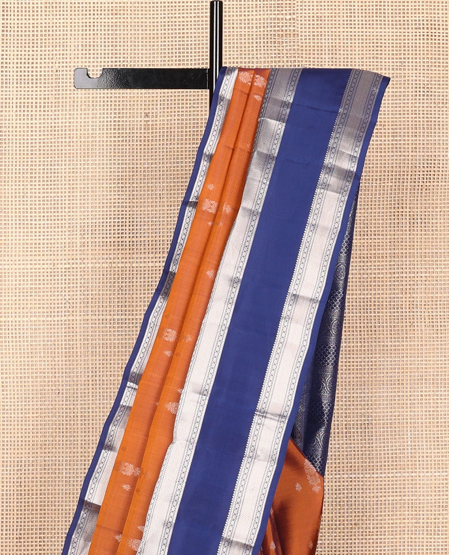 Copper color zari buttas vasundhara elite silk saree, contrast rettai pettu border of rekku, muthu, diamond & kuyil kann & pallu steeped with kodi visiry designs