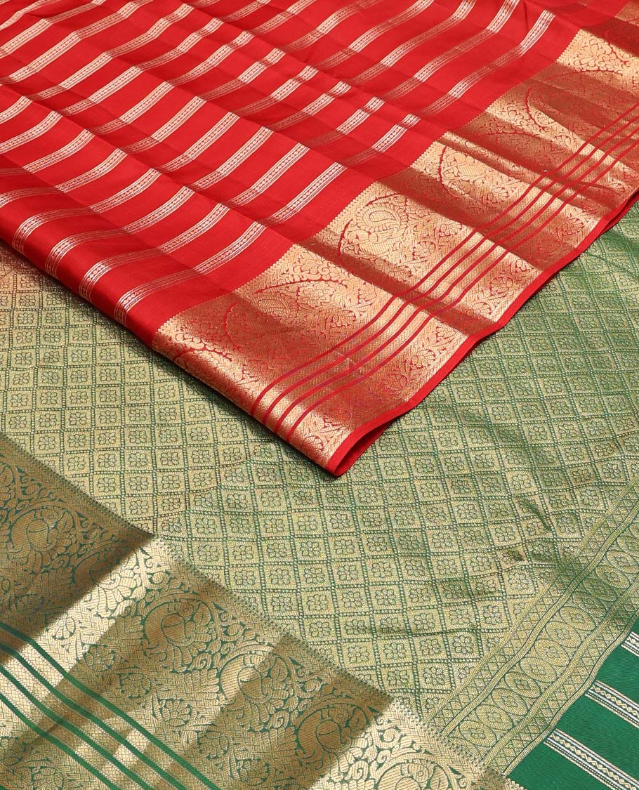 Red zari design Vasundhara silk mix saree, zari border of thilakam,mayil,kodi visiry & mayil kann contrast jaal pallu