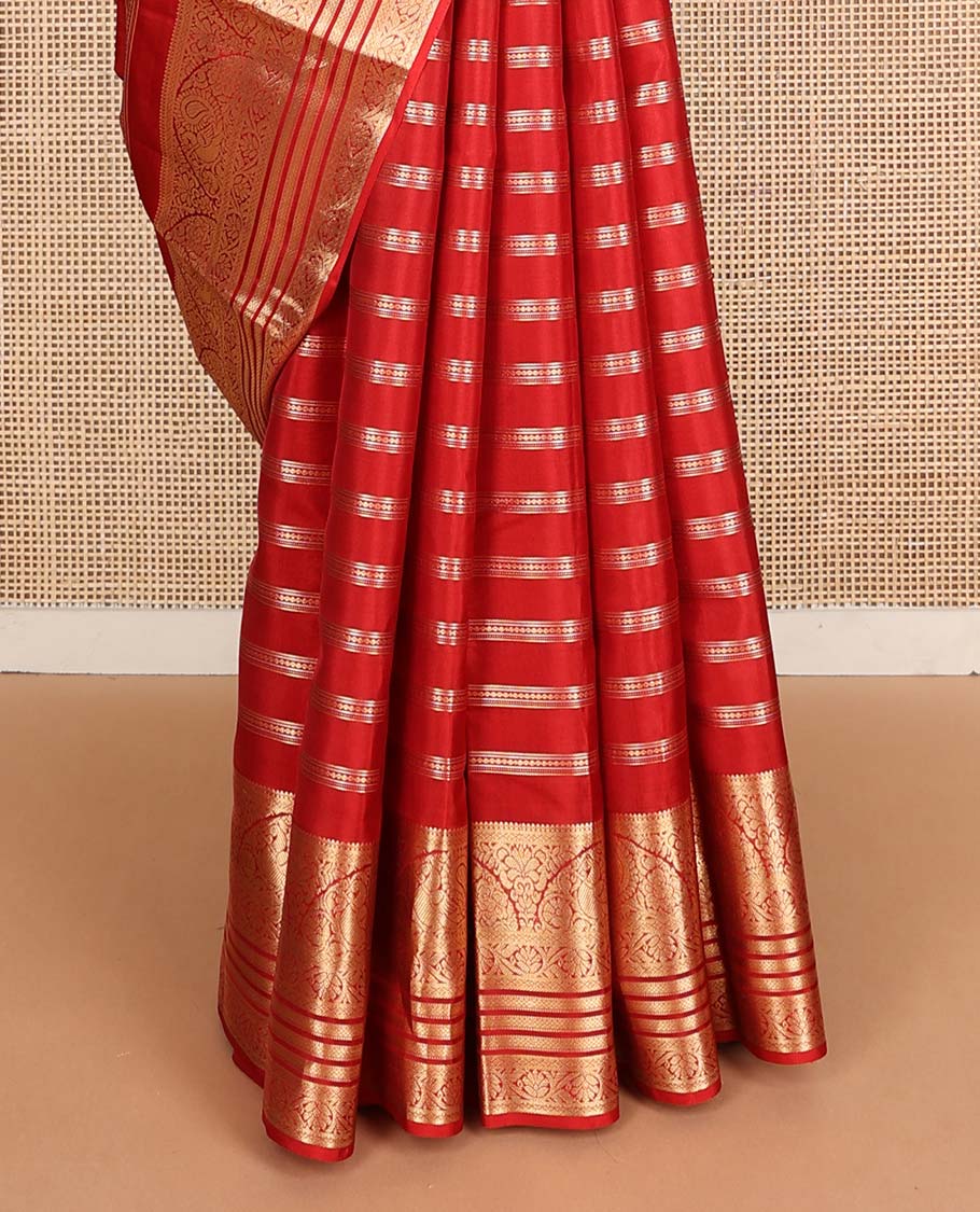 Red zari design Vasundhara silk mix saree, zari border of thilakam,mayil,kodi visiry & mayil kann contrast jaal pallu