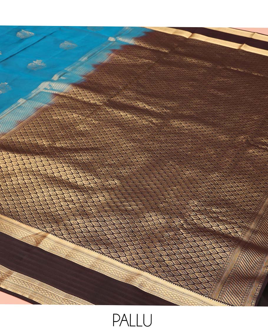 Blue Vasundhara Lite-Silk Mix Saree, Ornamented with Zari Buttas, Complemented by a Contrast Border of Traditional Zari Designs, Grand Pallu of Thilakam Patterns, and Paired with a Contrast Blouse