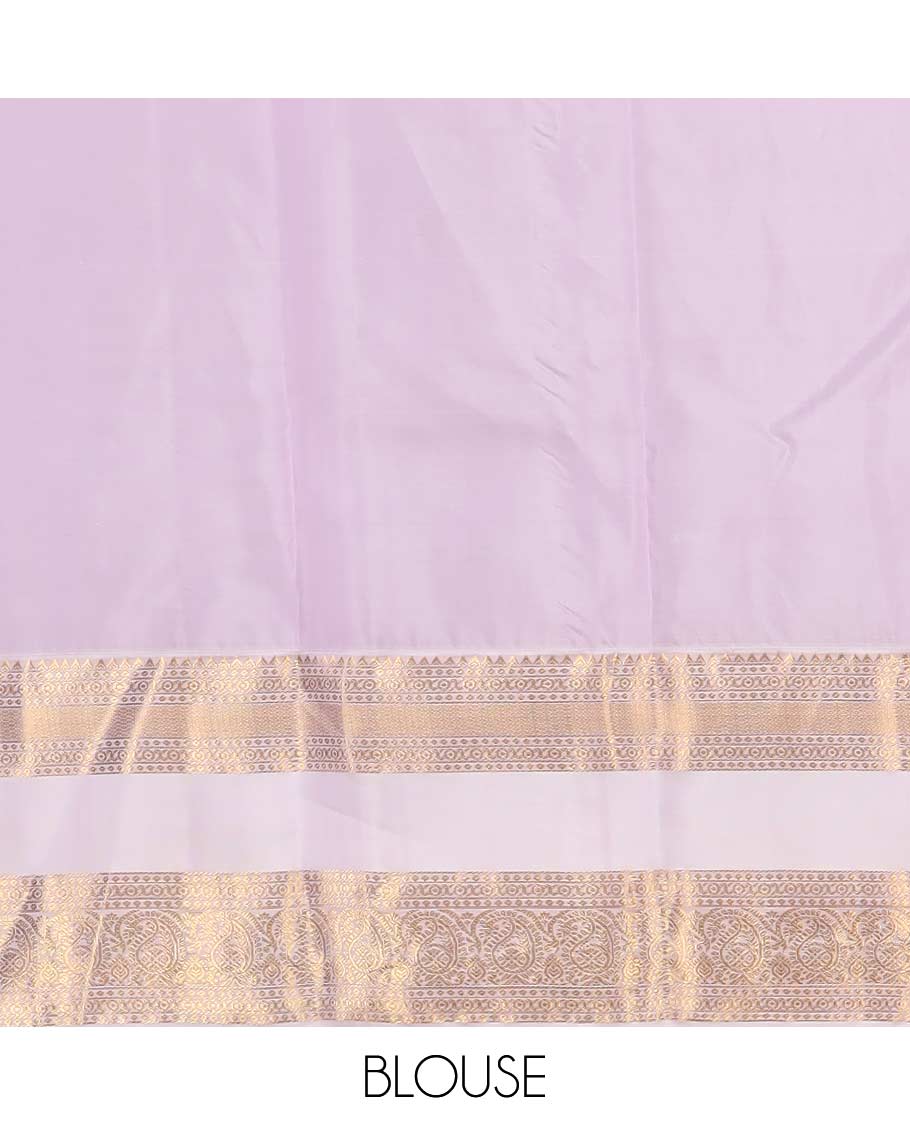 Orange zari buttas Vasundhara silk mix saree, contrast rettai pettu border of rekku, cross kamalam, and manga designs