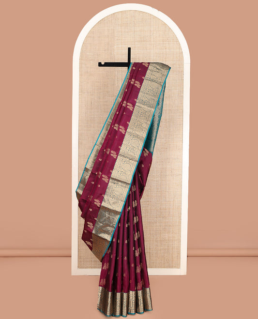 Wine Vasundhara Lite Silk Mix Saree, Highlighted with Zari Buttas, Complemented by a Contrast Border of Thilakam, Kathir, Diamond, and Arumbu Manga Designs, Intricately Designed Pallu, and Paired with a Contrast Blouse