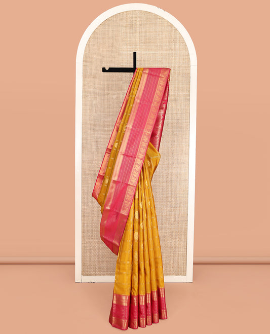 Yellow Vasundhara Lite-Silk Mix Saree, Delicately Woven with Zari Butta Enclosed Checks, Contrast Mayil Design Border, Grand Pallu, and a Contrast Blouse