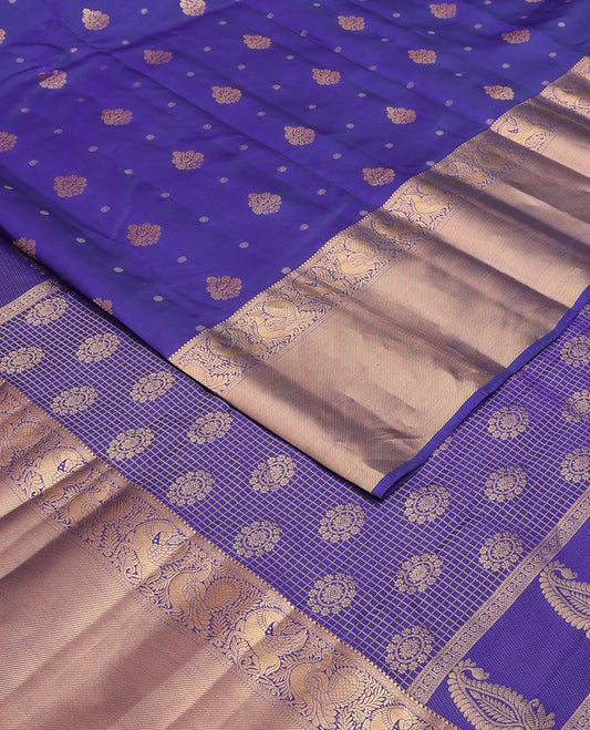 Blue zari buttas vasundhara elite silksaree,zari border of rekku,neli,mayil,kuthirai & stripes & pallu of chakra & checks