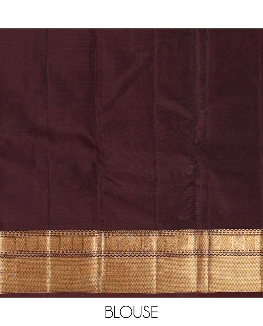 Green annam chakram buttas Vasundhara silk mix saree, contrast border of neli, muthu, rudraksham, paiyaadi kann, and mayil kann designs, and jaal pallu