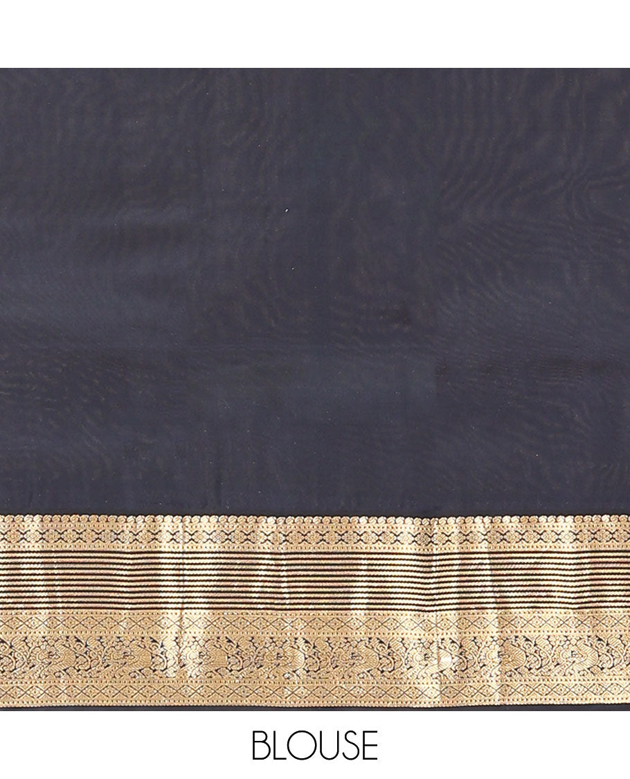 Yellow Vasundhara Lite Silk Mix Saree, Sparsely Woven with Zari Buttas on Its Body, Complemented by a Contrast Border of Manga, Muthu, Kamalam, Banaras, Diamond, and Mayil Designs, Pallu of Leaf Vine Designs, and Paired with a Contrast Blouse