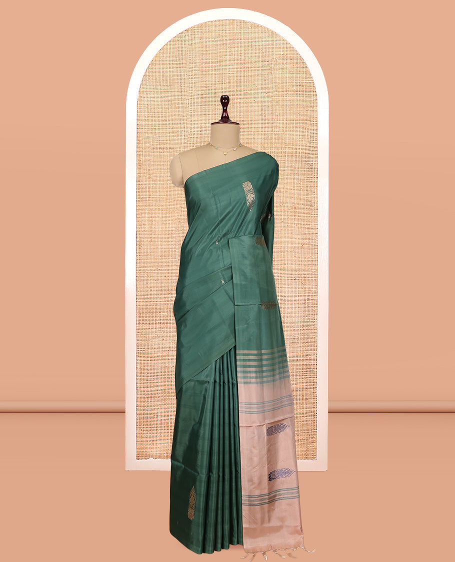Borderless Green Banana Pith Saree, Woven with Buttas, a Contrast Pallu of Stripes and Buttas, and a Contrast Blouse