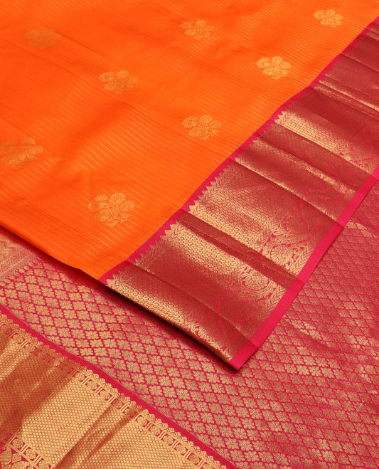 Orange zari designs silk saree, contrast border of rekku,kathir, then kuli kann & kodi visiry & jaal pallu
