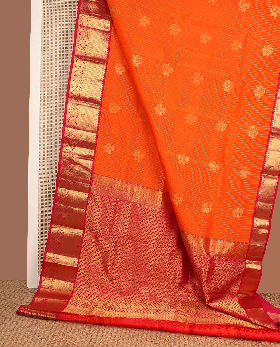 Orange zari designs silk saree, contrast border of rekku,kathir, then kuli kann & kodi visiry & jaal pallu