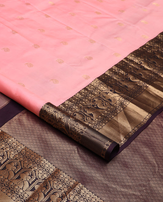 Pink zari buttas silk saree, contrast border of rudraksham, neli and mayil designs, and jaal pallu