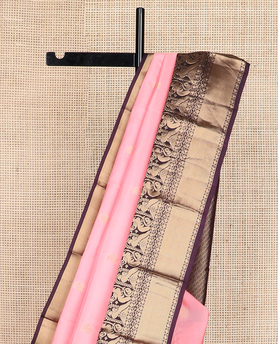 Pink zari buttas silk saree, contrast border of rudraksham, neli and mayil designs, and jaal pallu