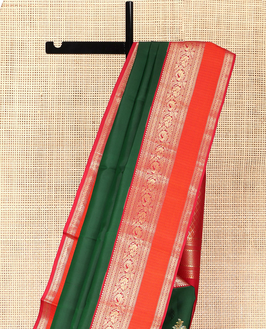 Green Vasundhara Silk Saree, Crafted with Zari Buttas, Complemented by Contrast Border Rekku, Muthu,  and Mayil Designs, Grand Pallu, and Contrast Blouse