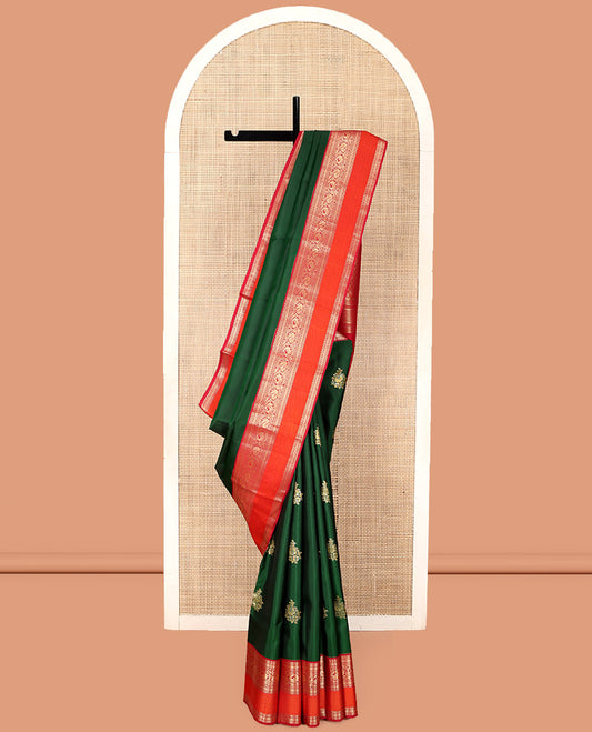 Green Vasundhara Silk Saree, Crafted with Zari Buttas, Complemented by Contrast Border Rekku, Muthu,  and Mayil Designs, Grand Pallu, and Contrast Blouse