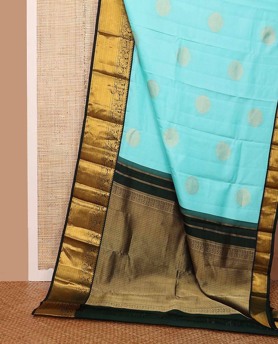 Blue silk saree with zari buttas, contrast border of rekku,kathir & kodi visiry design & intricately designed pallu