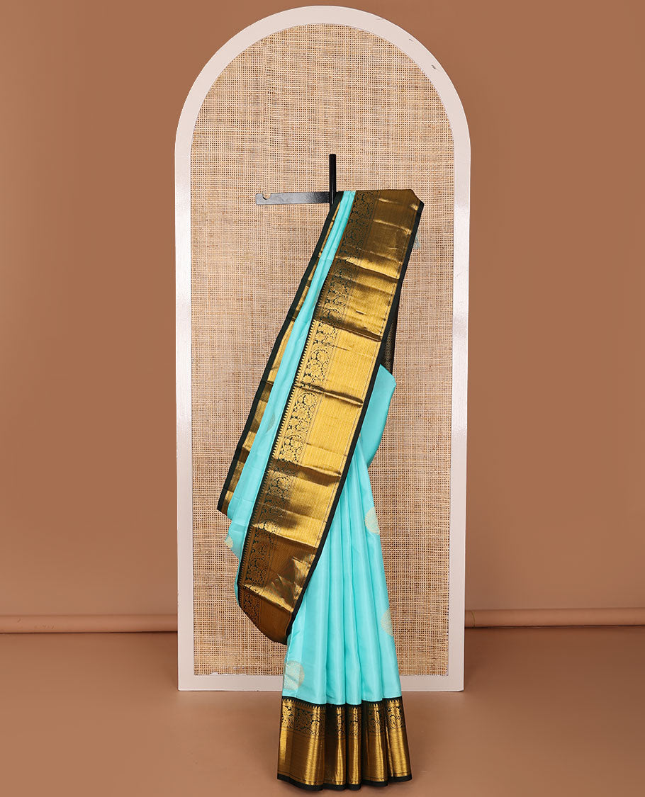 Blue silk saree with zari buttas, contrast border of rekku,kathir & kodi visiry design & intricately designed pallu